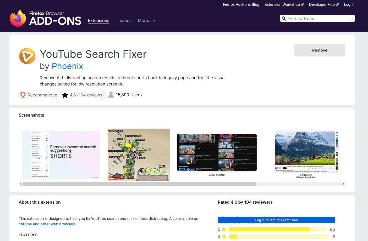 screenshot of addon page